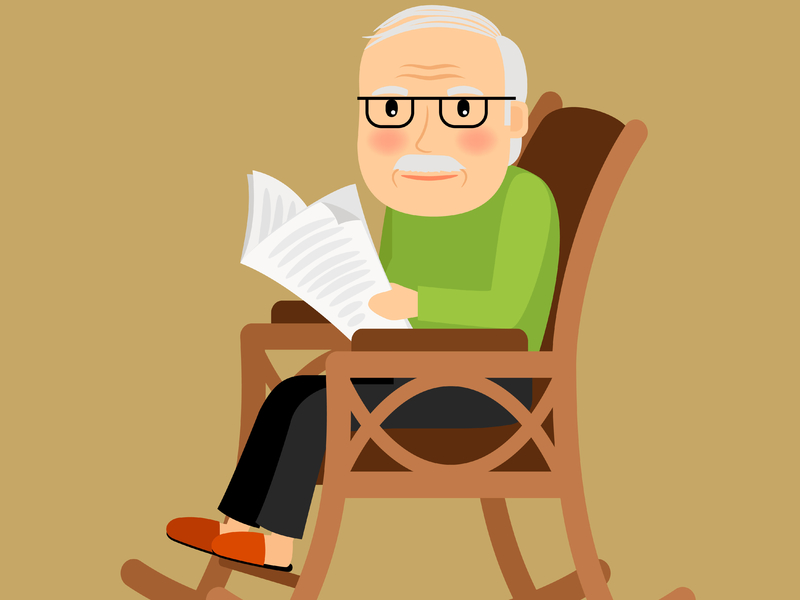 Un vieux monsieur assis dans une chaise berçante avec un journal.
