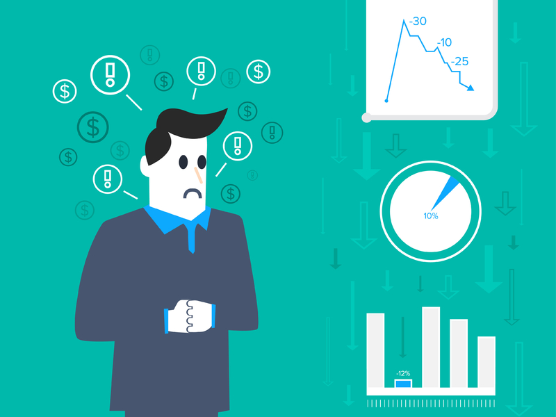 dessin d'un homme d'affaire stressé devant des résultats en baisse