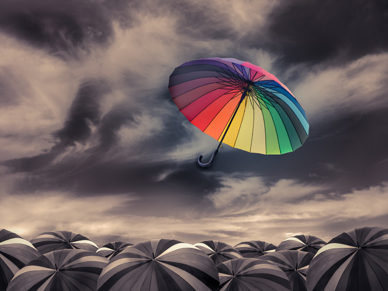 Un parapluie multicolore soufflé loin d'une mer de parapluies noirs.