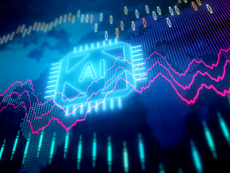Un sigle IA au milieu d'un graphique de marché boursier