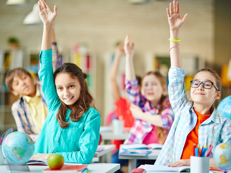 Plusieurs enfants dans une classe qui lèvent la main.