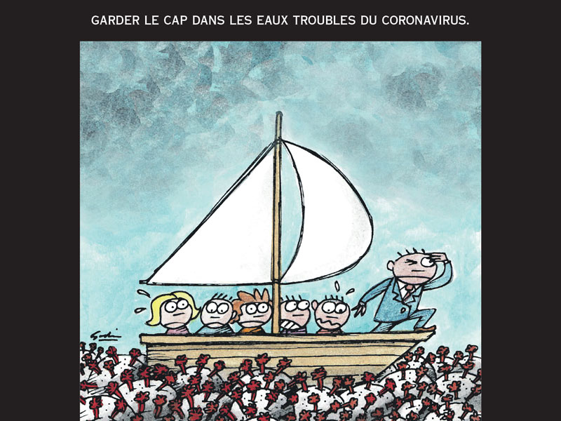 Une caricature avec plusieurs personnes sur un petit voilier voguant sur une mer de COVID-19. Les passagers semblent terrorisés, un seul est calme, il est debout et regarde à l'horizon.