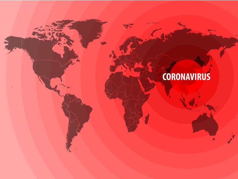 Une carte du monde avec écrit coronavirus aux alentours de la Chine.