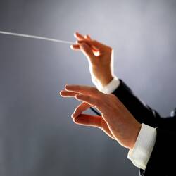 Une photo d'un homme en costume, dont on voit les deux mains prête à diriger un orchestre. Il tient une baguette dans la main droite.