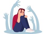 Une fille recroquevillée dans un coin, autour d'elle des ombres de mains et de bras semblent vouloir la happer.