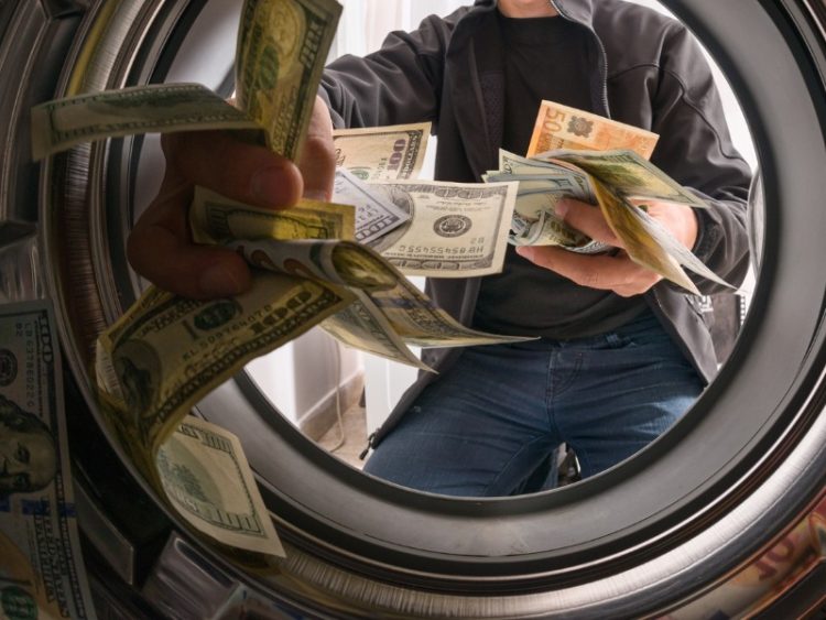 Une personne des billets plein les mains qui les met dans une machine à laver.