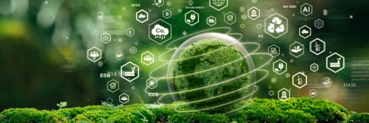 Globe vert sur la mousse dans la forêt verte Concept environnemental, écologie et environnement durable du monde. Icônes éparpillées autour du globe vert.