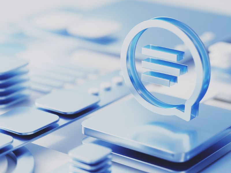 Icône de bulle de dialogue 3D sur une carte mère abstraite. Concept de chatbot, de réseau social et de messagerie en ligne.