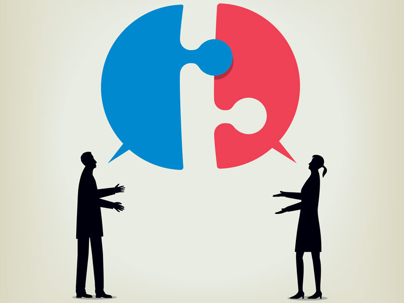 Deux personnages qui parlent. Leurs bulles de discussion sont des pièces de puzzle qui vont s'emboîter