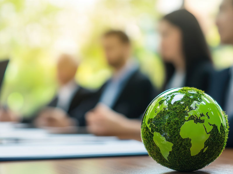 La planète Terre en vert, posée sur une table où des gens discutent.
