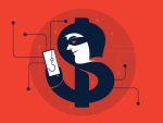 Un homme dessiné dans un dollar, la queue du dollar est sa main tenant un téléphone où est dessiné un hameçon. Concept d'hameçonnage.