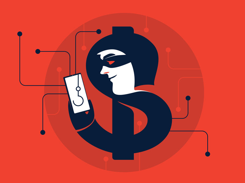 Un homme dessiné dans un dollar, la queue du dollar est sa main tenant un téléphone où est dessiné un hameçon. Concept d'hameçonnage.