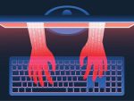 Des mains rouge remplies de 0 et de 1 sortant d'un écran pour taper sur un clavier.