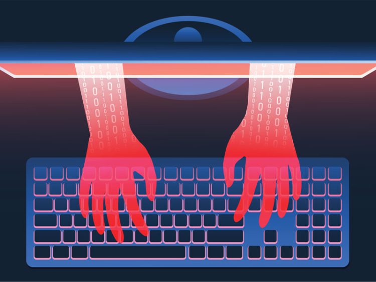 Des mains rouge remplies de 0 et de 1 sortant d'un écran pour taper sur un clavier.