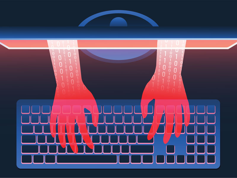 Des mains rouge remplies de 0 et de 1 sortant d'un écran pour taper sur un clavier.