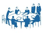 Illustration vectorielle de personnes assises autour d’une table ronde en réunion, en pleine discussion.