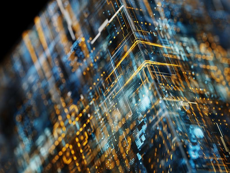 Rendu abstrait de circuits et flux de données dans une ambiance futuriste bleu et or.