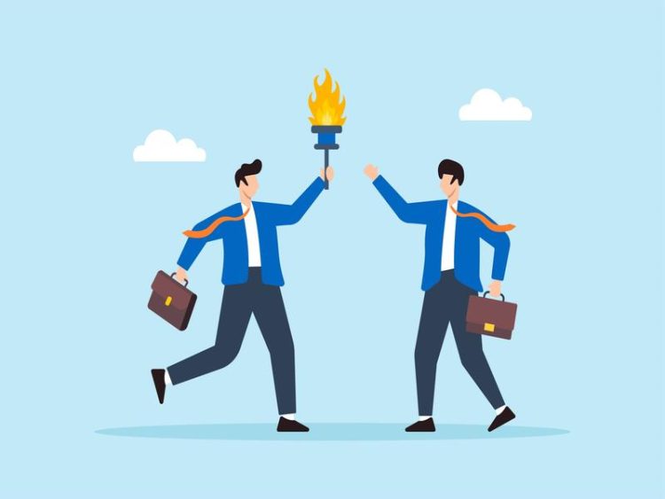 Illustration de deux hommes d’affaires en costume bleu, courant dans un relais et se passant une torche enflammée, métaphore de la transmission et du leadership.