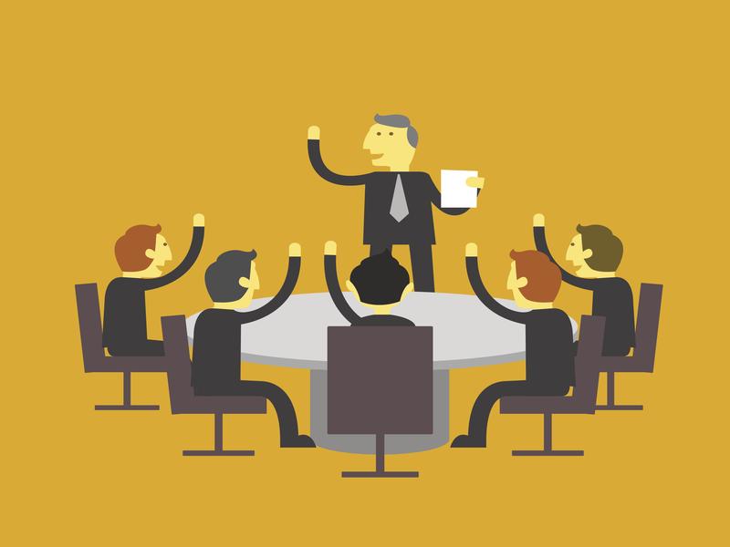 Illustration vectorielle d’un groupe de personnes en costume levant la main autour d’une table de conférence, votant sur une décision menée par un dirigeant.
