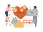 Illustration représentant deux personnes contribuant à un grand cœur en déposant des pièces et des billets, symbolisant le don, la générosité ou le financement participatif. Des piles de pièces et un bouton “like” complètent la scène.