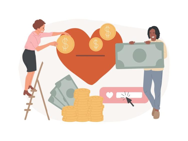 Illustration représentant deux personnes contribuant à un grand cœur en déposant des pièces et des billets, symbolisant le don, la générosité ou le financement participatif. Des piles de pièces et un bouton “like” complètent la scène.