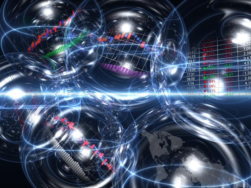 Image futuriste montrant plusieurs bulles transparentes flottant dans un environnement numérique rempli de graphiques boursiers, chiffres et cartes. Ambiance complexe évoquant la volatilité ou l’instabilité des marchés.