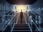Homme montant un escalier vers la lumière avec des graphiques financiers en surimpression, symbolisant la croissance et le succès.