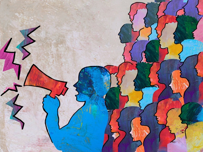 Illustration de sensibilisation et de diffusion d’un message auprès du public.