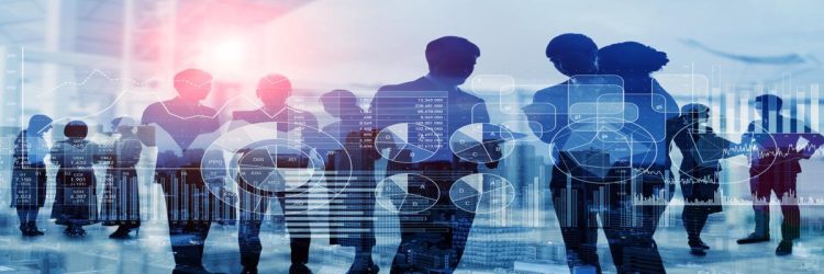 Concept de réseau d’affaires illustrant un groupe d’hommes d’affaires connectés et collaborant autour de données et d’analyses stratégiques.