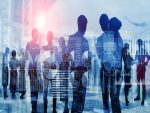 Concept de réseau d’affaires illustrant un groupe d’hommes d’affaires connectés et collaborant autour de données et d’analyses stratégiques.