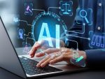 Une personne utilise un ordinateur portable tandis qu'une interface graphique illustre différentes applications de l'intelligence artificielle.