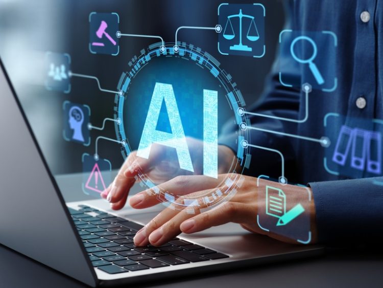 Une personne utilise un ordinateur portable tandis qu'une interface graphique illustre différentes applications de l'intelligence artificielle.